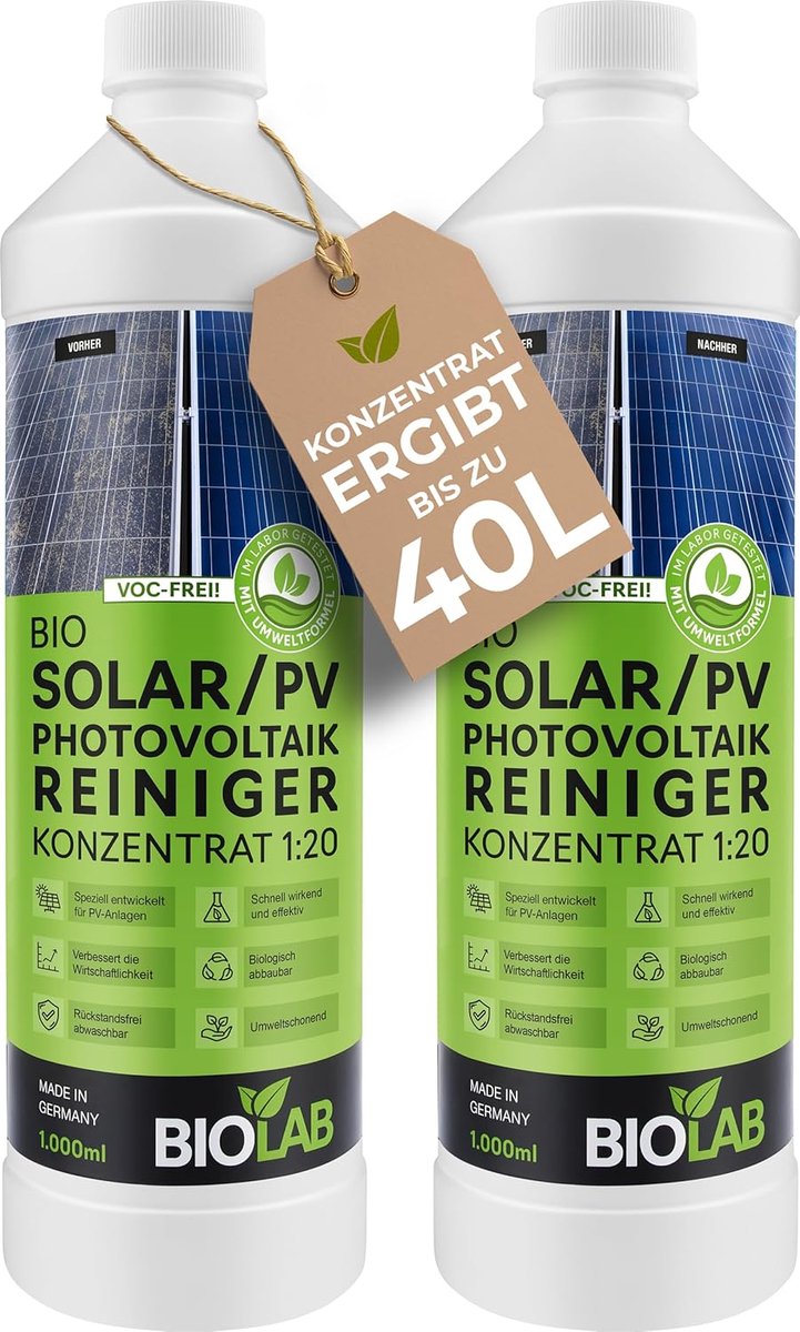 SnelShoppen - Solar & PV Photovoltaic Cleaner Concentrate 1:20 (2 x 1 L) - Biologische Solar Cleaner voor Efficiënte Reiniging van Zonnepanelen, PV Sy