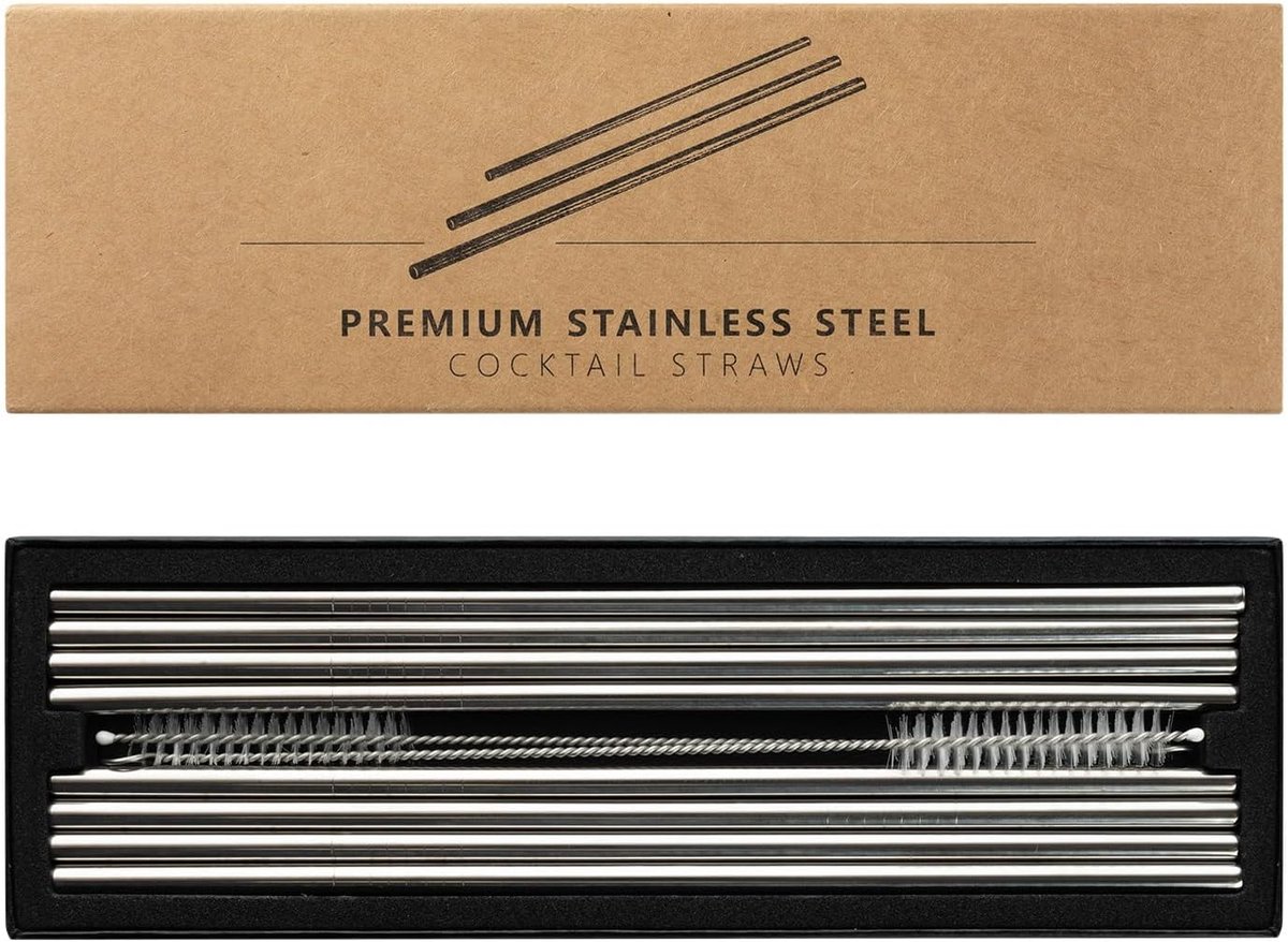 SnelShoppen - Set van 8 RVS Drinkstraws - 20.5cm Lange Roestvrijstalen Cocktail Rietjes met 2 Reinigingsborstels - Herbruikbare Stalen Rietjes voor Fe