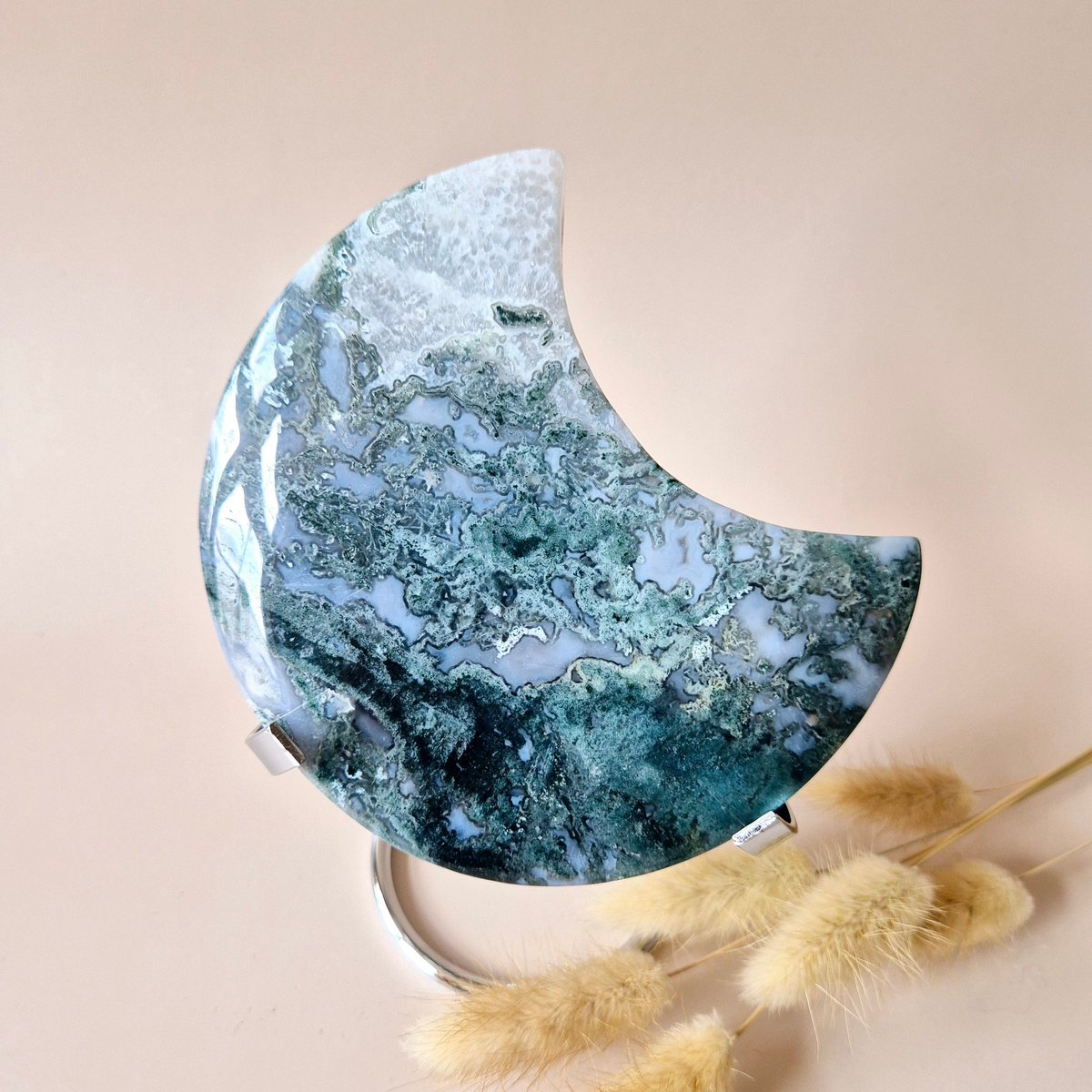 XL Edelsteen Mosagaat Maan op Standaard (Druzy & Patronen) #137 - 444g 12,7cm