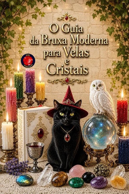 Un chat noir avec un chapeau de sorcière et un collier, un hibou blanc, une boule de cristal et des bougies avec le titre 'O Guia da Bruxa Moderna para Velas e Cristais'.