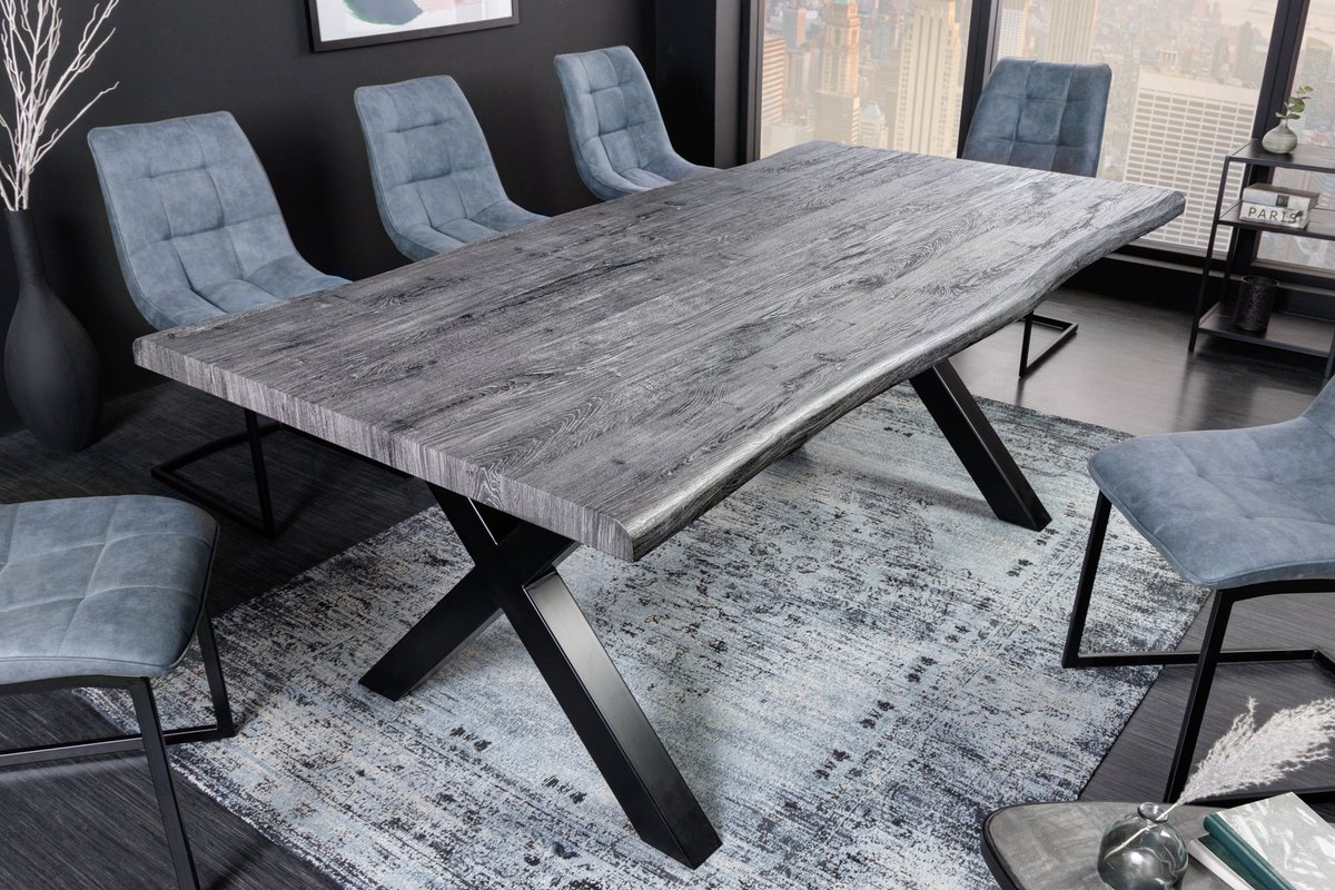 Invicta Interior Industriële eettafel WILD 180cm Grijs Gelimd Wild Eiken Design Boomrand Zwart X-Frame - 45086 Zie omschrijving