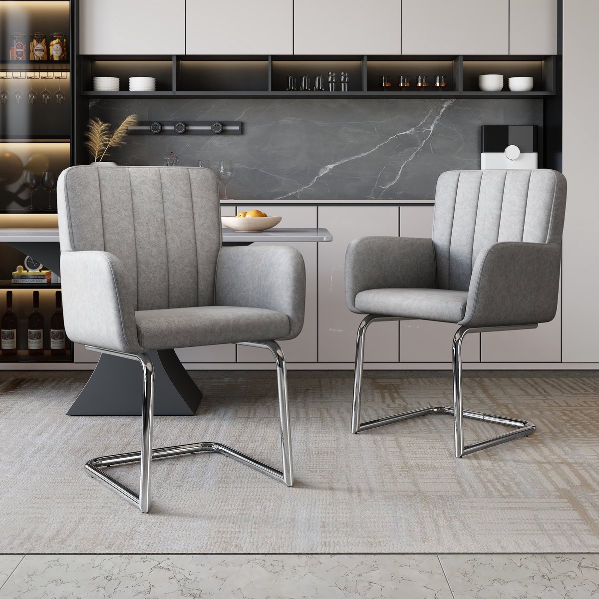 Eettafelstoel - Set van 2 - Keukenstoel - Stoelenset - Eetkamerstoelen met verticale strepen - Gestoffeerde fauteuil met zigzag metalen poten - Loungestoel - Woonkamerstoel - Kunstleer - Grijs
