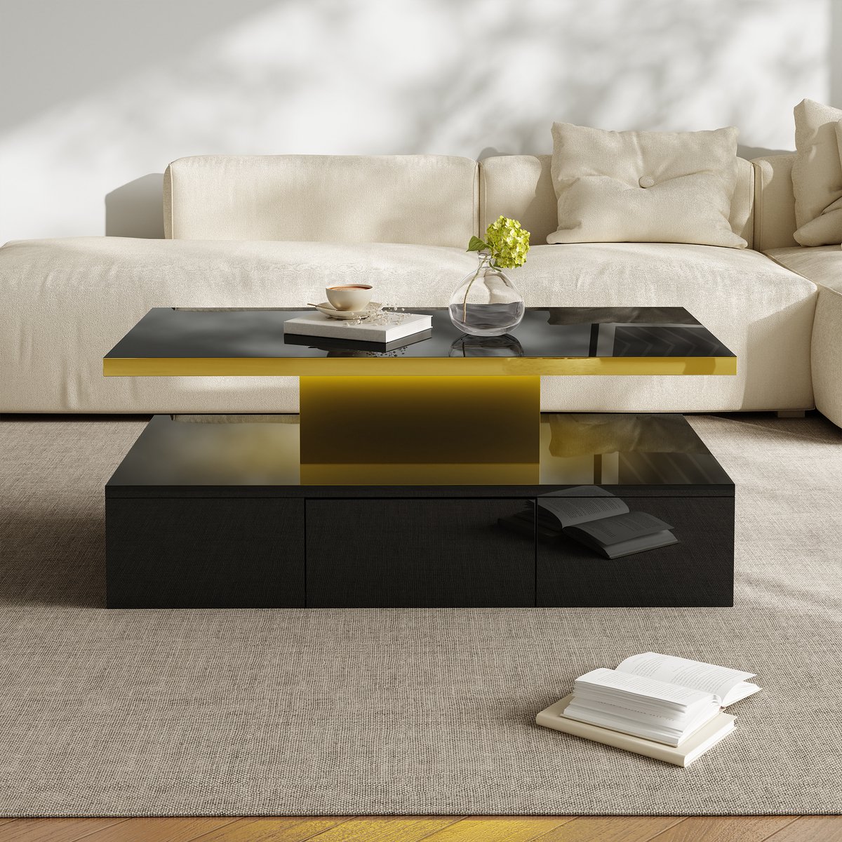 COVREO Salontafel 100 x 50 x 39 cm – zwart hoogglans, met lade en 2 opbergniveaus