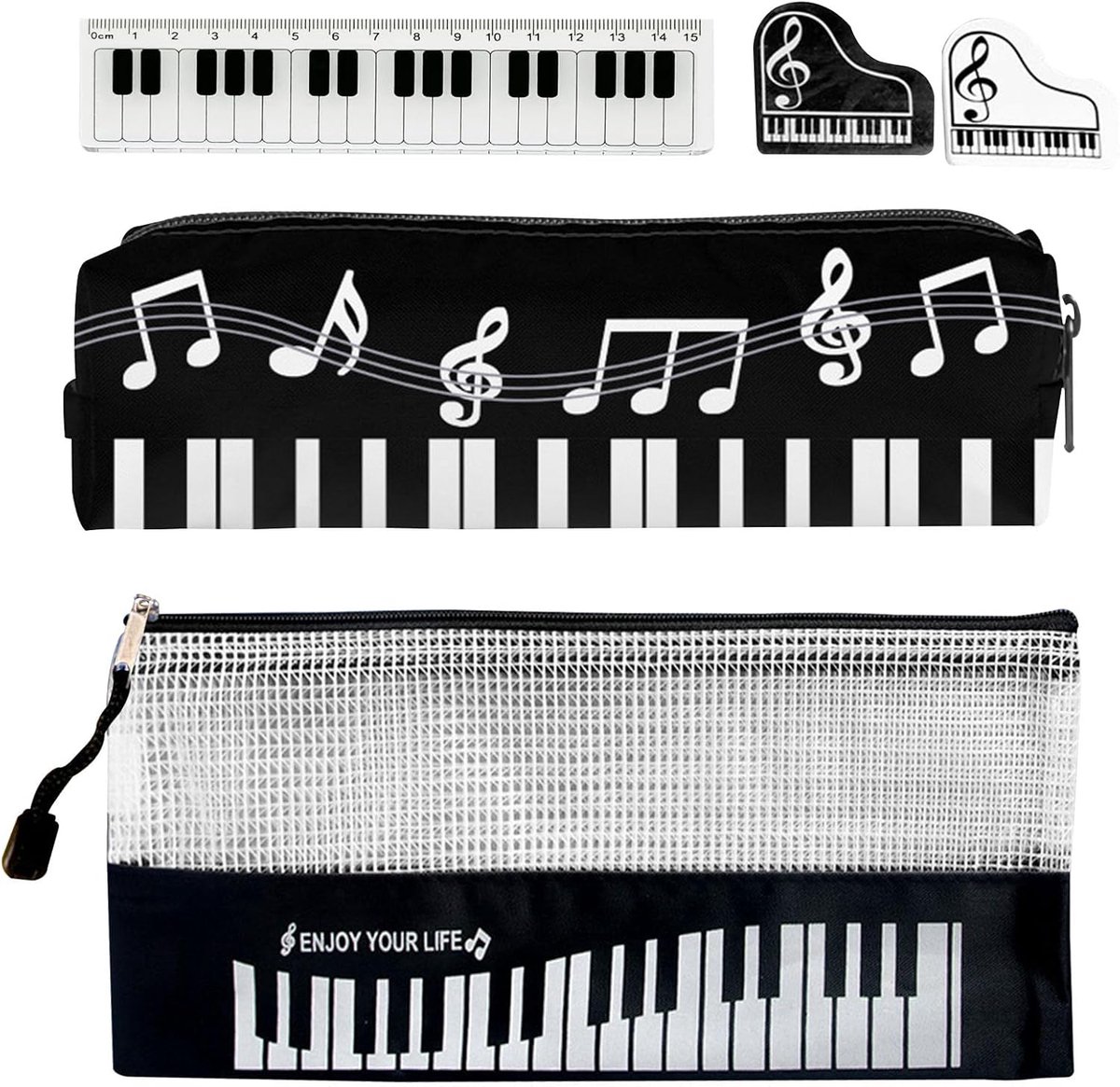 SnelShoppen - Pencil Case voor Meisjes - Zwart Piano Motief - Inclusief Documentzak, Liniaal en Gum - Draagbare Pennenhouder met Rits voor School en K