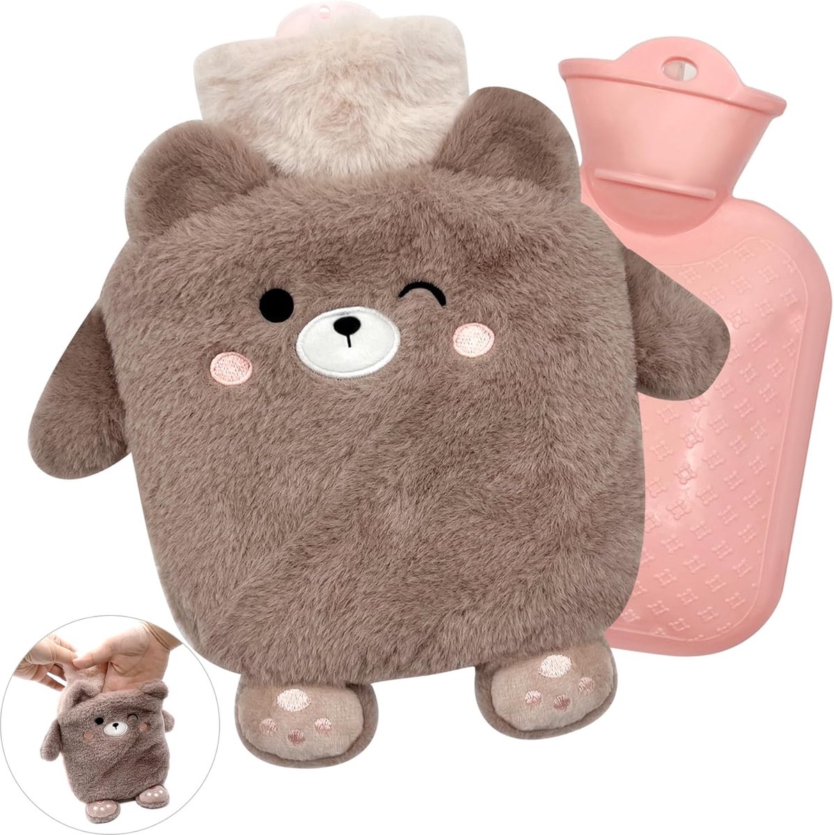 SnelShoppen - Kinder Warmwaterkruik Beer met Handwarmer - Fluffy Verwijderbare en Wasbare Hoes - Premium Kwaliteit - Veilig en Vrij van Schadelijke St