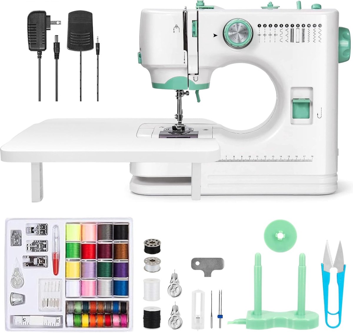 SnelShoppen - Elektrische Naaimachine met Schuiftafel, Draagbaar, 12 Steekpatronen, 2 Snelheden, LED-Licht, Voetpedaal en Accessoireset, Ideaal voor B
