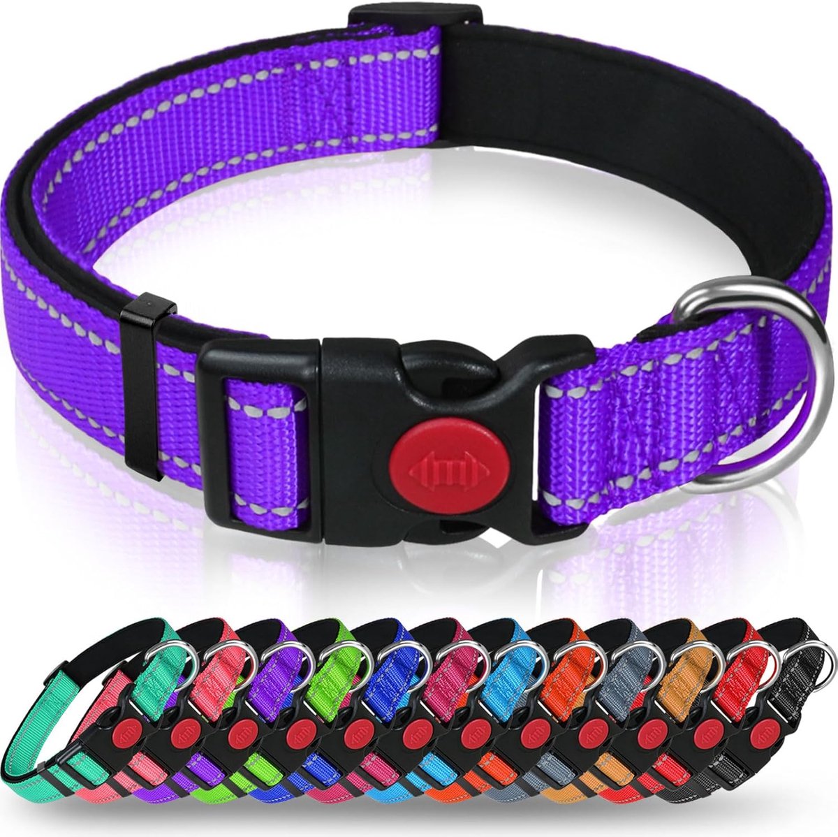 SnelShoppen - Reflecterende Nylon Hondenhalsband met Veiligheidssluiting, Verstelbare Hondenhalsband, Zachte Neopreen Voering voor Grote Honden, Paars