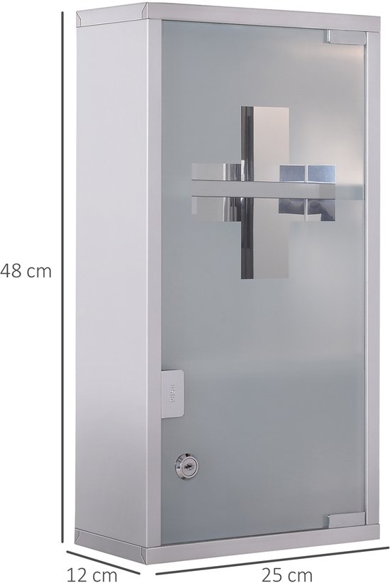 COVREO Medicijnkast 25 x 12 x 48 cm - zilverkleurig roestvrij staal, afsluitbaar met 3 vakken