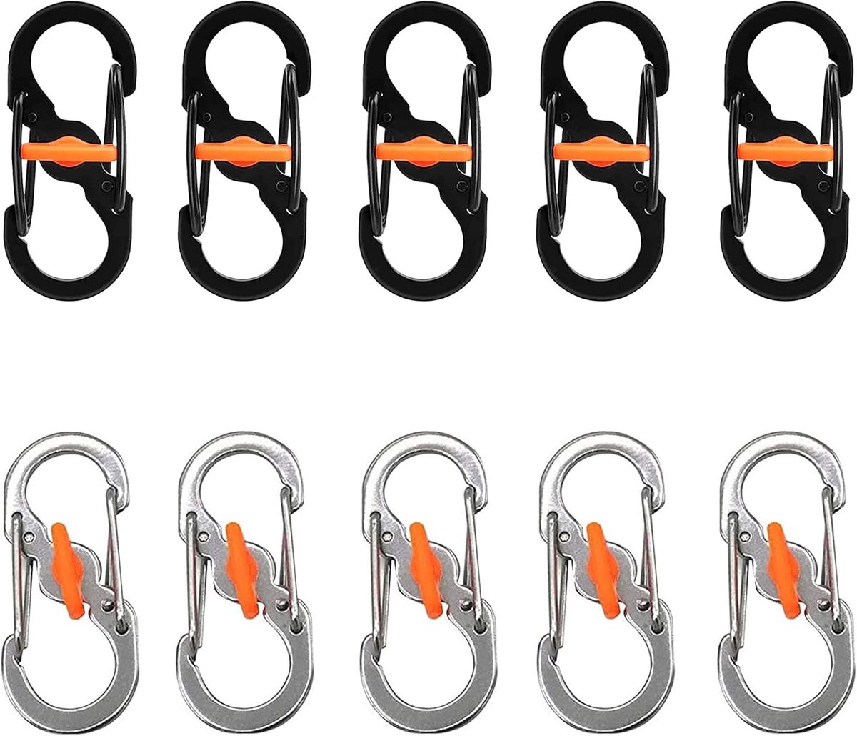 SnelShoppen - 10 Stuks S-vormige Aluminium Legering Karabijnhaak - Waterdicht Rvs Anti-Diefstal Sluiting voor Camping, Sport en Outdoor Activiteiten