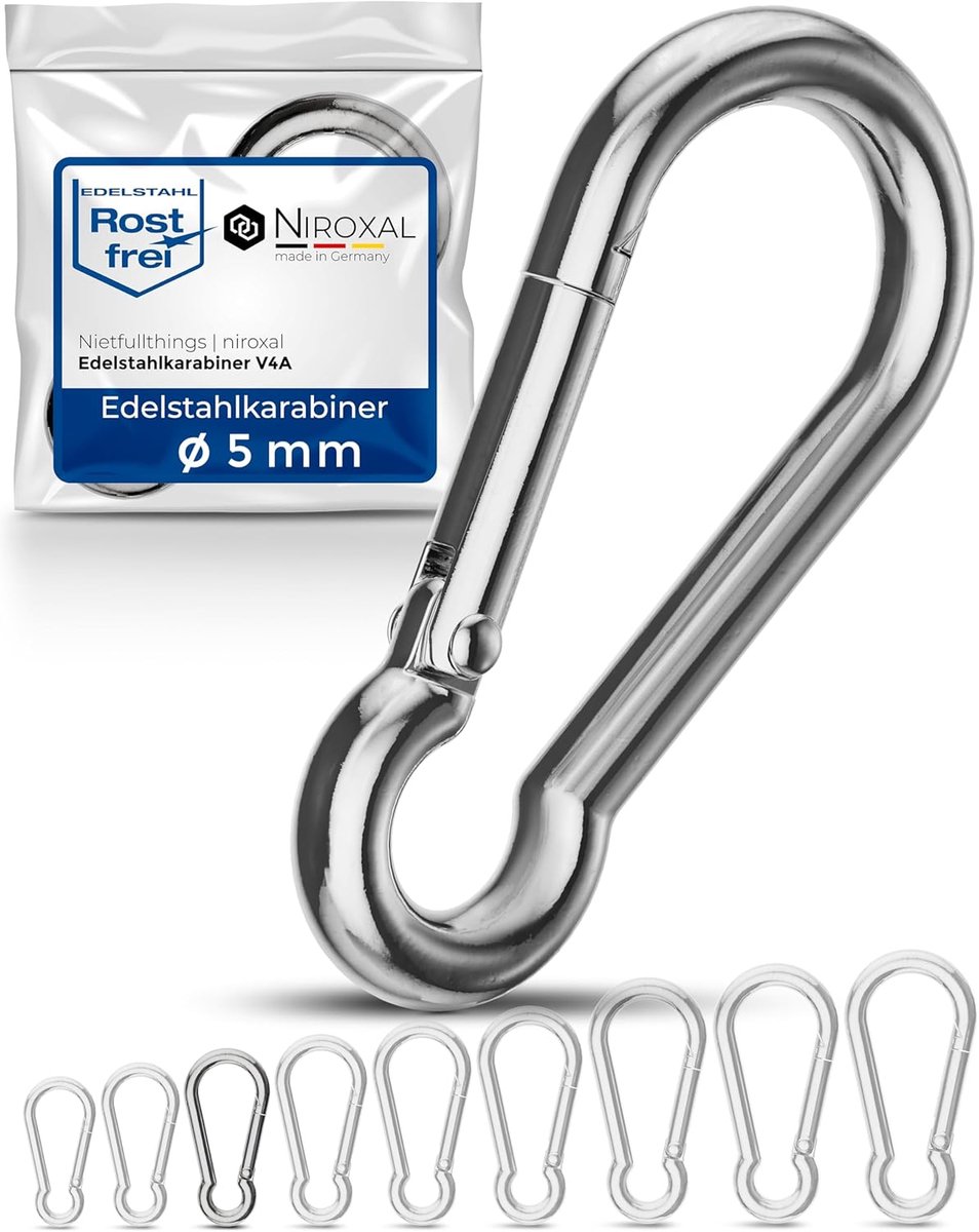 SnelShoppen - 10 Stuks 5 mm RVS Karabijnhaak - 650 kg Breeklast - V4A RVS - Voor Camping, Tuin, Brandweer - 50 mm Lengte - Polished Staal