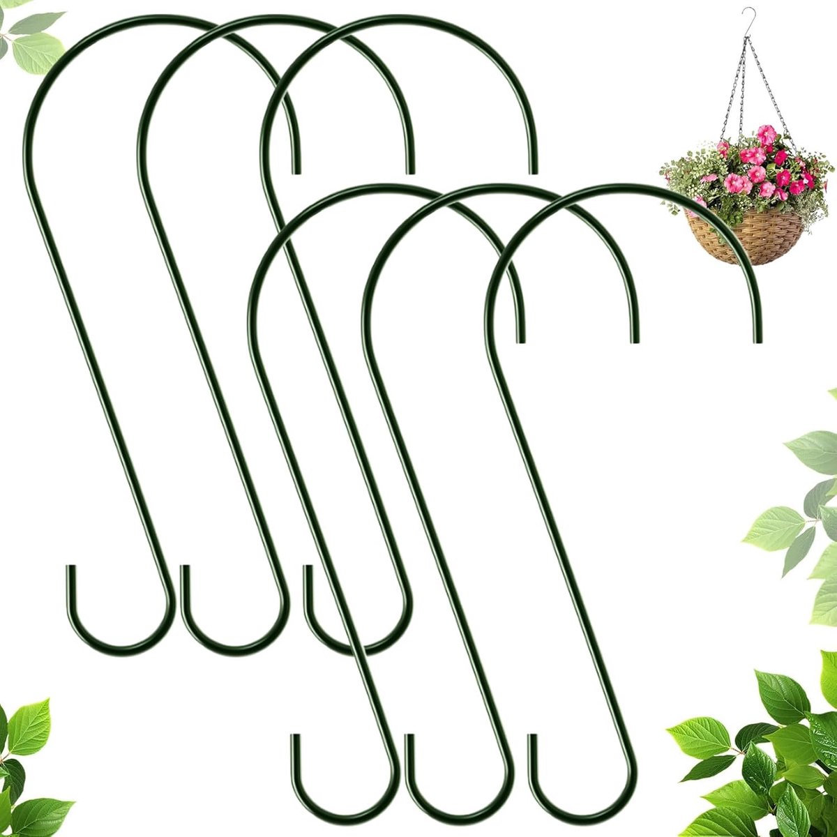 SnelShoppen - 6 Stuks Extra Grote Boomtak KhaKen 30.5 CM Donkergroen, Roestvrij Staal S-Haak voor Vogelvoeders, Plantenpotten, Lantaarns en Ornamenten