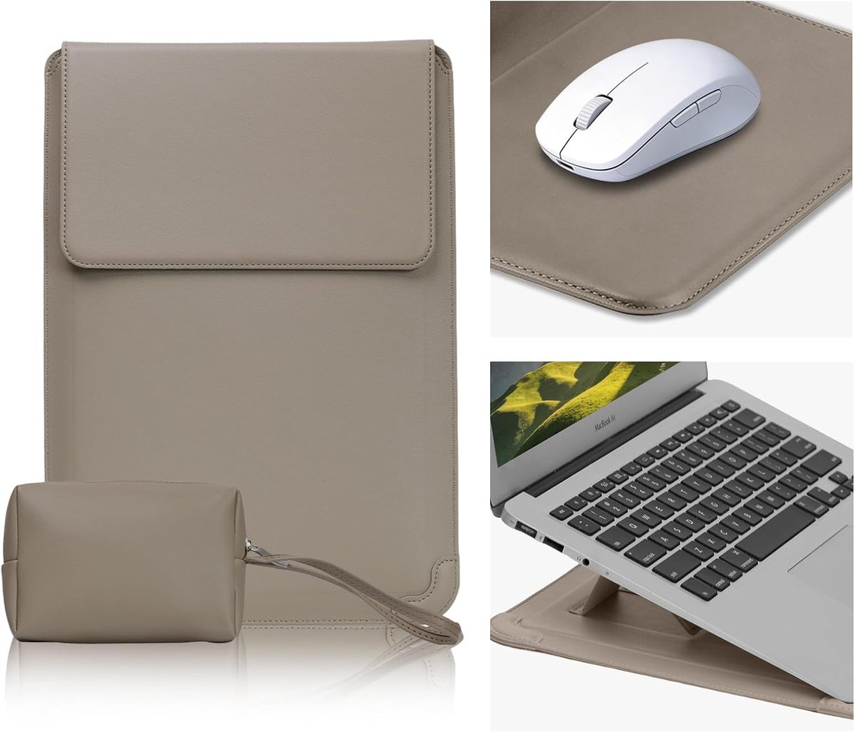 SnelShoppen - 15-16 inch Laptophoes PU-Leren Tas met Standfunctie Beige - Draagbare Laptoptas voor Werk, School & Reizen