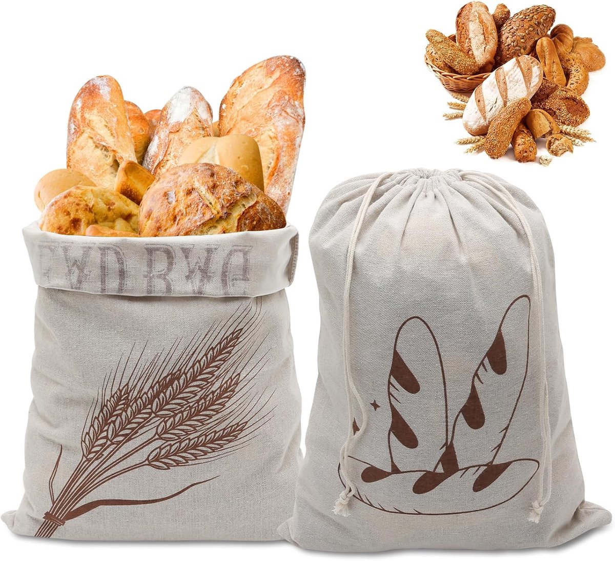 SnelShoppen - Herbruikbare Linnen Broodzakken met Plastic Binnenvoering 2 Stuks 39x29cm, Eco-vriendelijke Broodopbergzakken voor Thuisgebakken Brood,