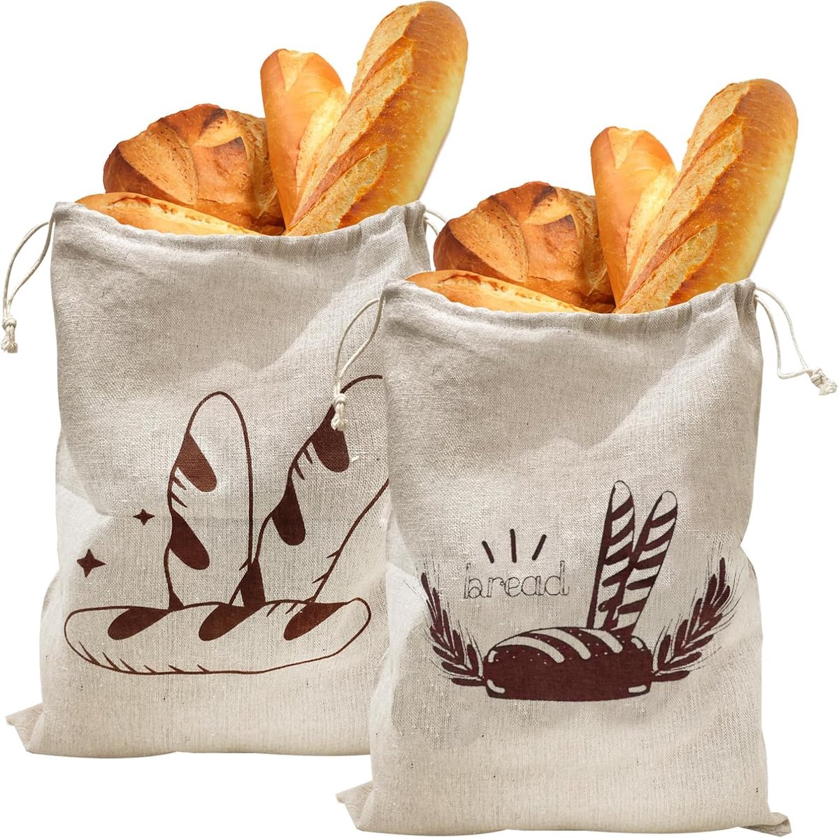 SnelShoppen - Set van 2 Herbruikbare Linnen Broodzakken voor Vers Brood, Grote Opbergzakken, Natuurlijke Materiaal, Ideaal voor Keuken en Bakkers