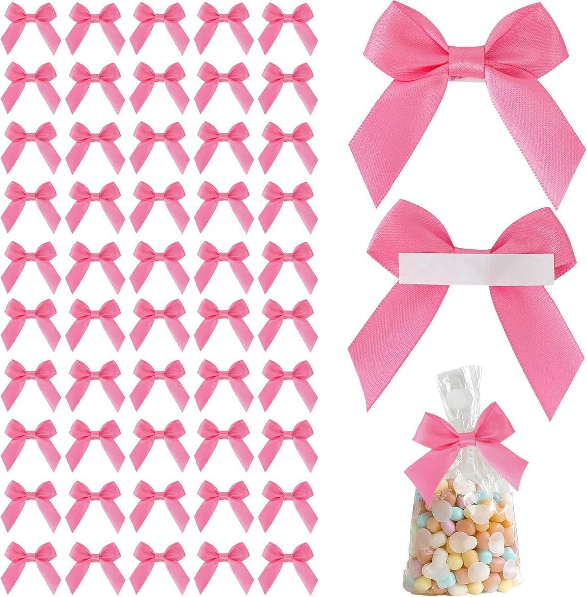 SnelShoppen - 50 Stuks Mini Satin Ribbons met Zelfklevende Bogen voor Cadeauverpakking en Bruiloft Decoraties - Kleur: Roze Rood - Duurzaam Polyester
