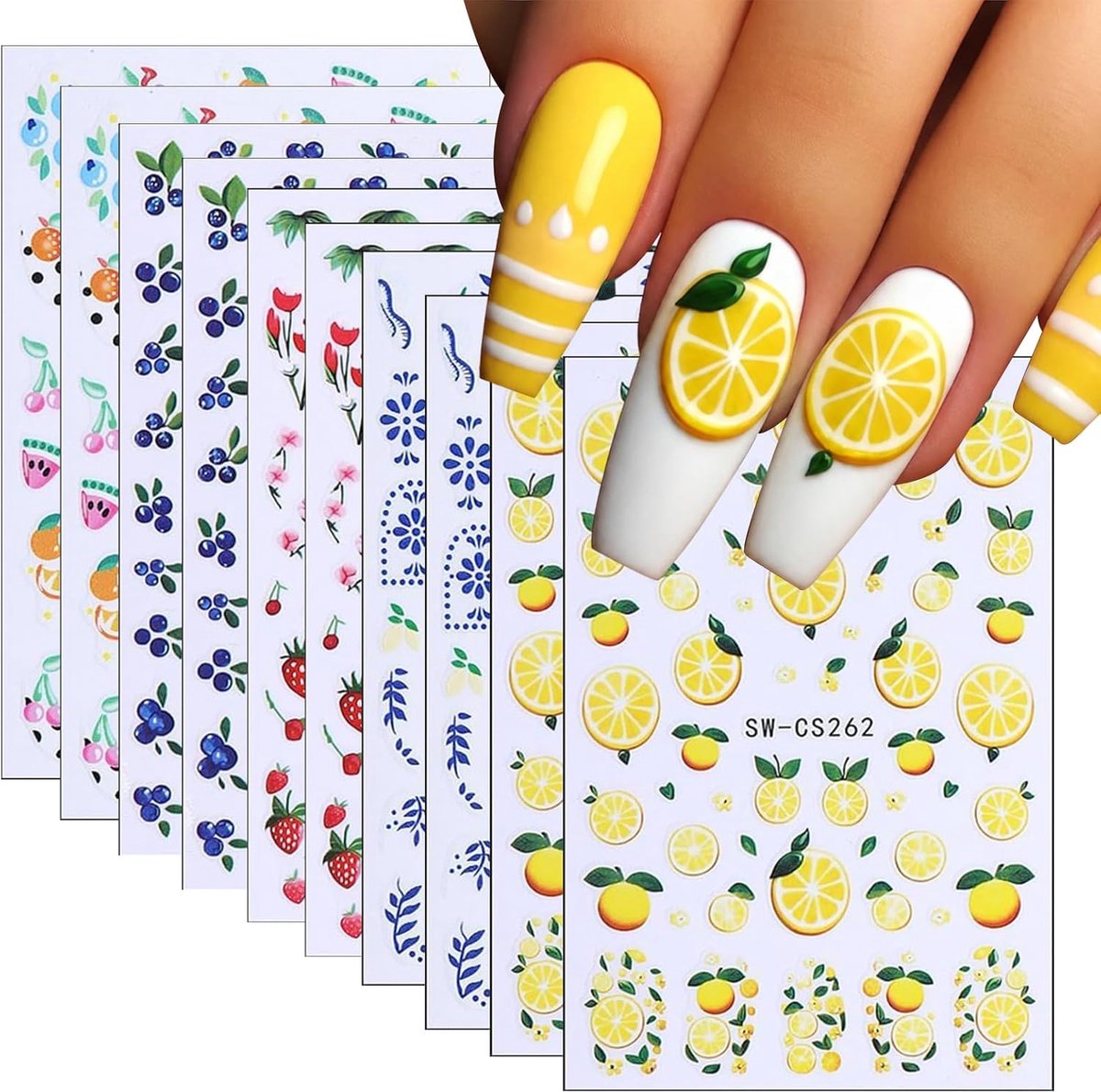 SnelShoppen - 10 Stuk Zelfklevende Nagelstickers, Fruitontwerp Citroen Aardbei Blauwe Bes, Nagelkunst Decoratie voor Feest, Zomer, Roze Blauw Geel Paa