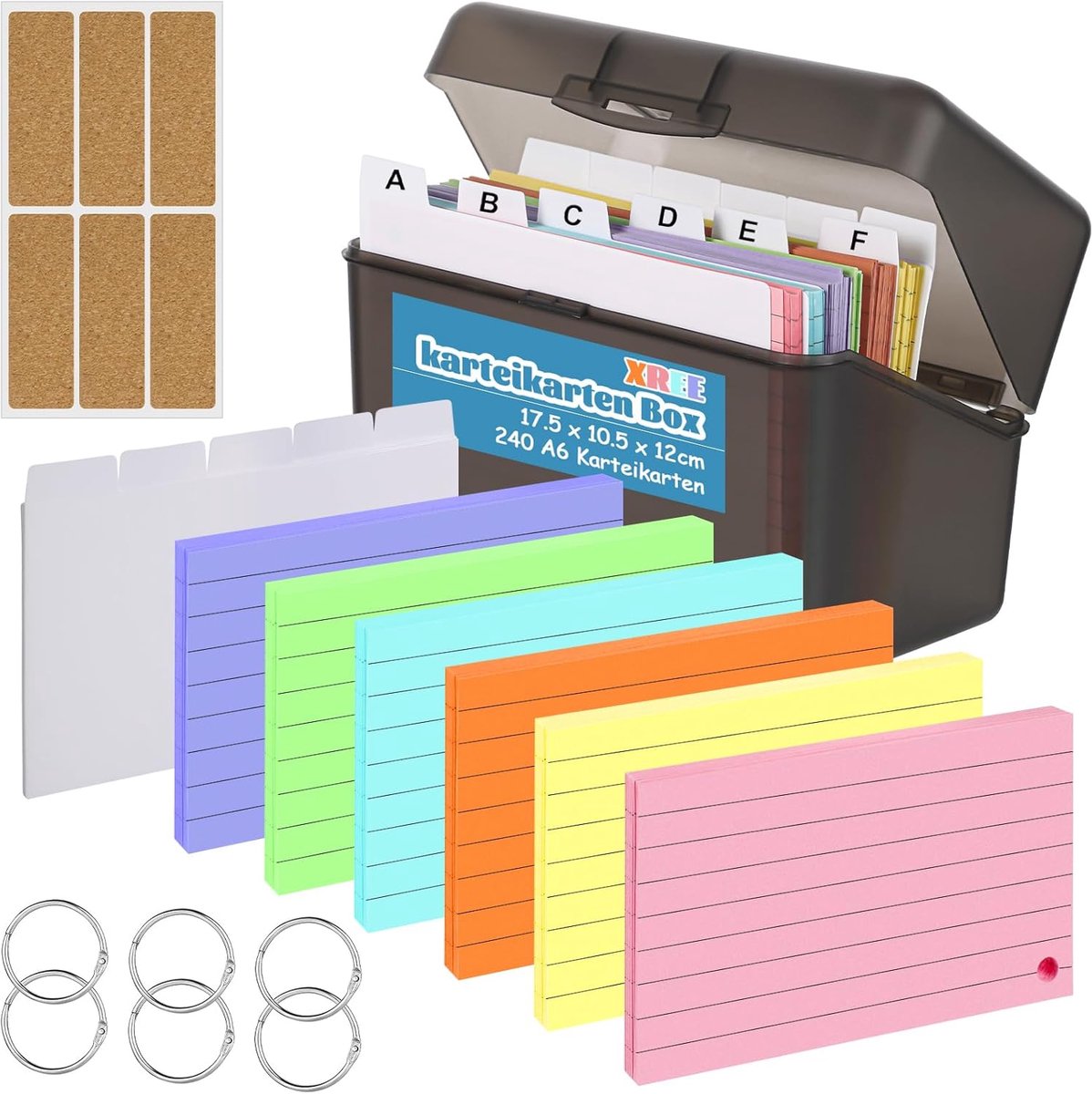 SnelShoppen - System Card Box A6 - 240 Kleurrijke Indexkaarten - 12 Tabs - 6 Ringen - 2 Stickers - 6 Labels - Duurzaam Kunststof - Perfect voor School