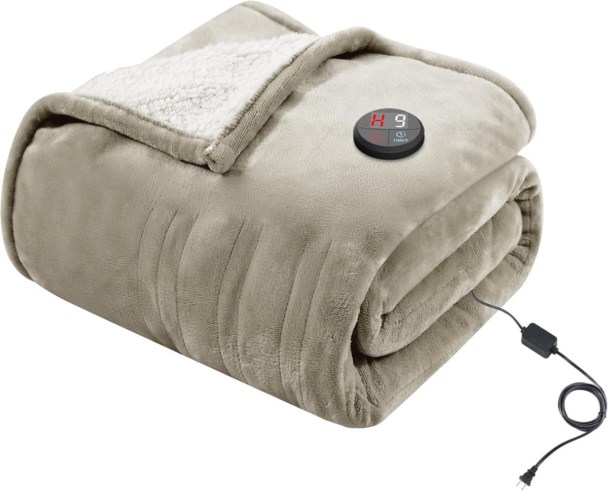 SnelShoppen - Elektrische Dekens, GOTCOZY Warmtedeken 130x180 cm, 10 Warmte-instellingen, Automatische Uitschakeling, Wasbare Khaki Warmtedeken voor d