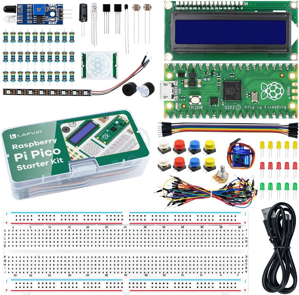SnelShoppen - Basic Starter Kit voor Raspberry Pi Pico, Inclusief Breadboard, 1602 LCD, Ondersteuning voor Python, C, Java en Tutorial voor Beginners