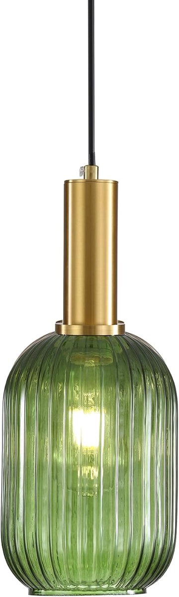SnelShoppen - Modern Glazen Pendel Lamp met Gouden E27 Fitting en Geribbelde Glazen Kap, Vintage Plafondverlichting voor Keuken, Eettafel, Woonkamer &