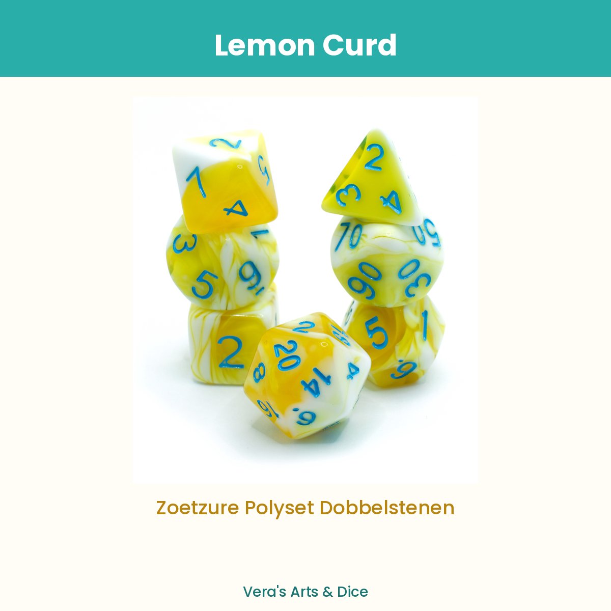 Lemon Curd - Vera's Arts & Dice - Dobbelstenen Set - 7-delig - Transparant Geel Wit Blauw - D&D RPG