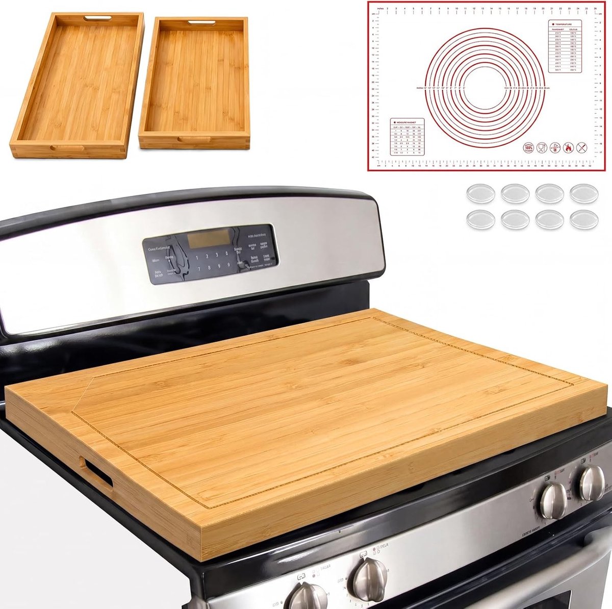 Kookplaat bedekking set met handgrepen, 30 x 22 inch noedelbord voor gas en elektrisch fornuis, omkeerbare snijplank, siliconen bakmat en 2 dienbladen voor extra kookruimte en gemak