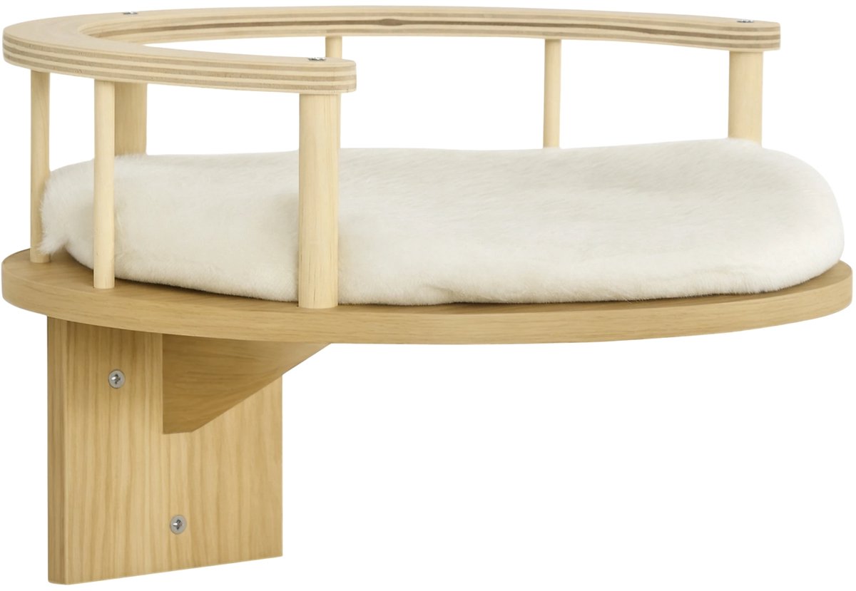 Katten Klimwand met Kussen & Hangmat – Wandkrabpaal van Pluche voor Katten tot 5 kg – Eiken/Crèmewit