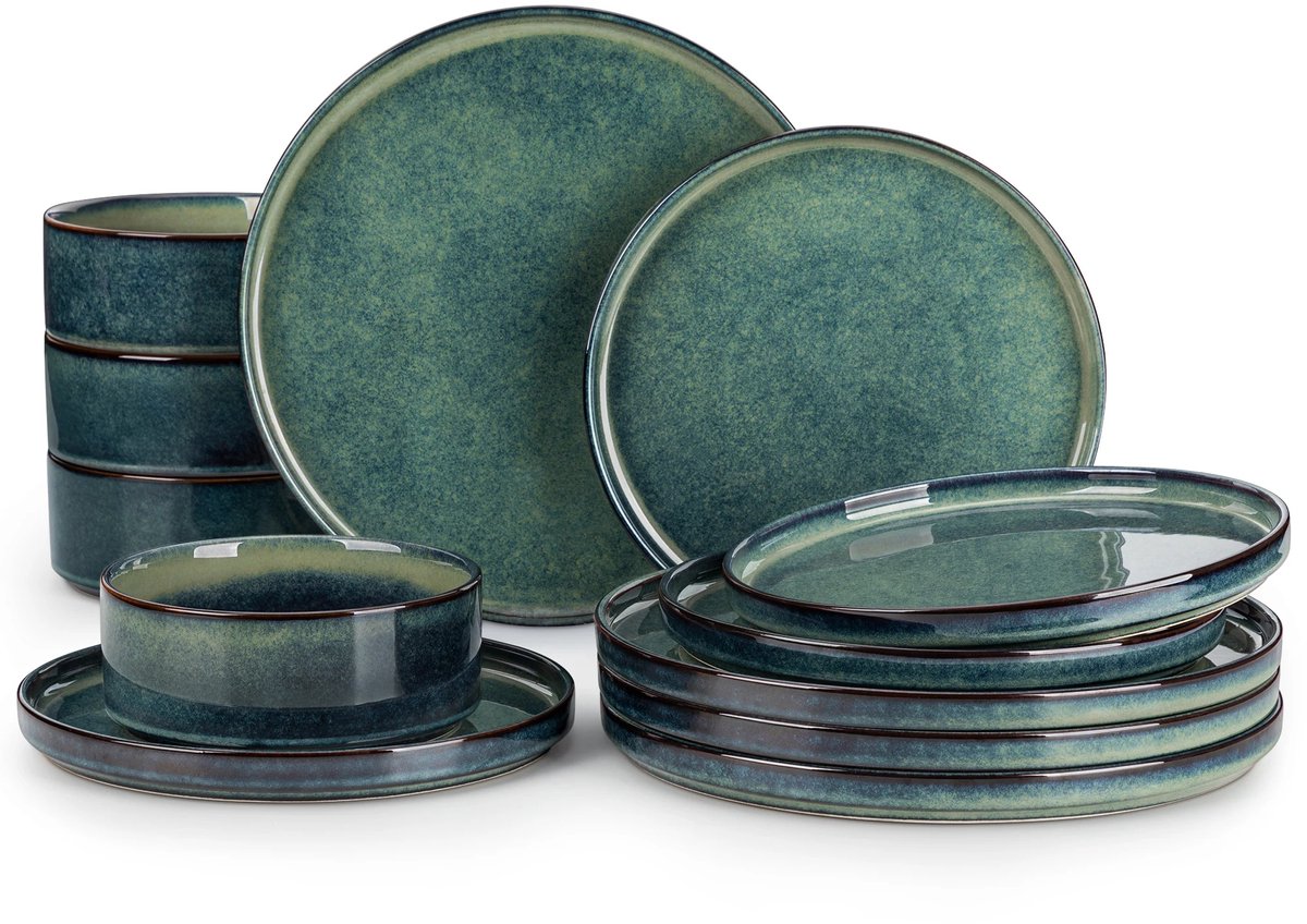 Atlasyx serviesset - Servies - Borden - Bordenset - Serviesset 4persoons - Eetservies - Magnetronbestendig - 12-delige set - Groen
