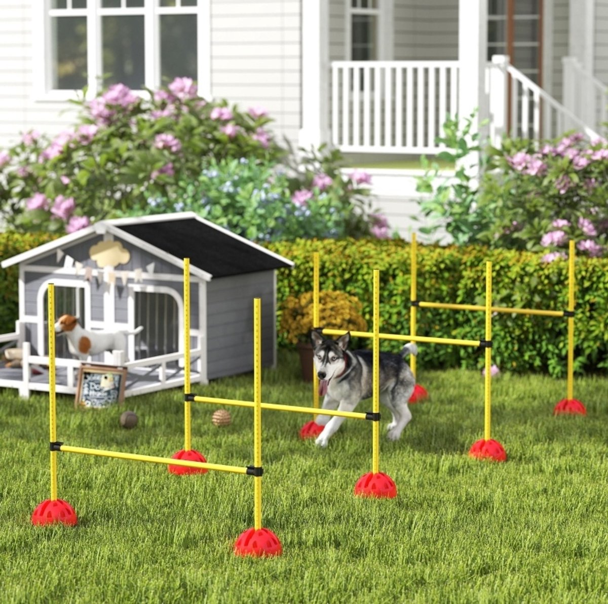 Wishdor Honden-agility-set - 4 verstelbare horden - Met draagtas en vulbare bases - Voor sprongtraining - Kunststof - Geel - 124 x 19,5 x 103 cm