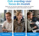 Drie foto's: man werkt aan laptop (focus kantoor), vrouw met rugzak luistert muziek in trein, man codeert op laptop (concentratie thuiswerk). Allemaal met witte oordopjes.