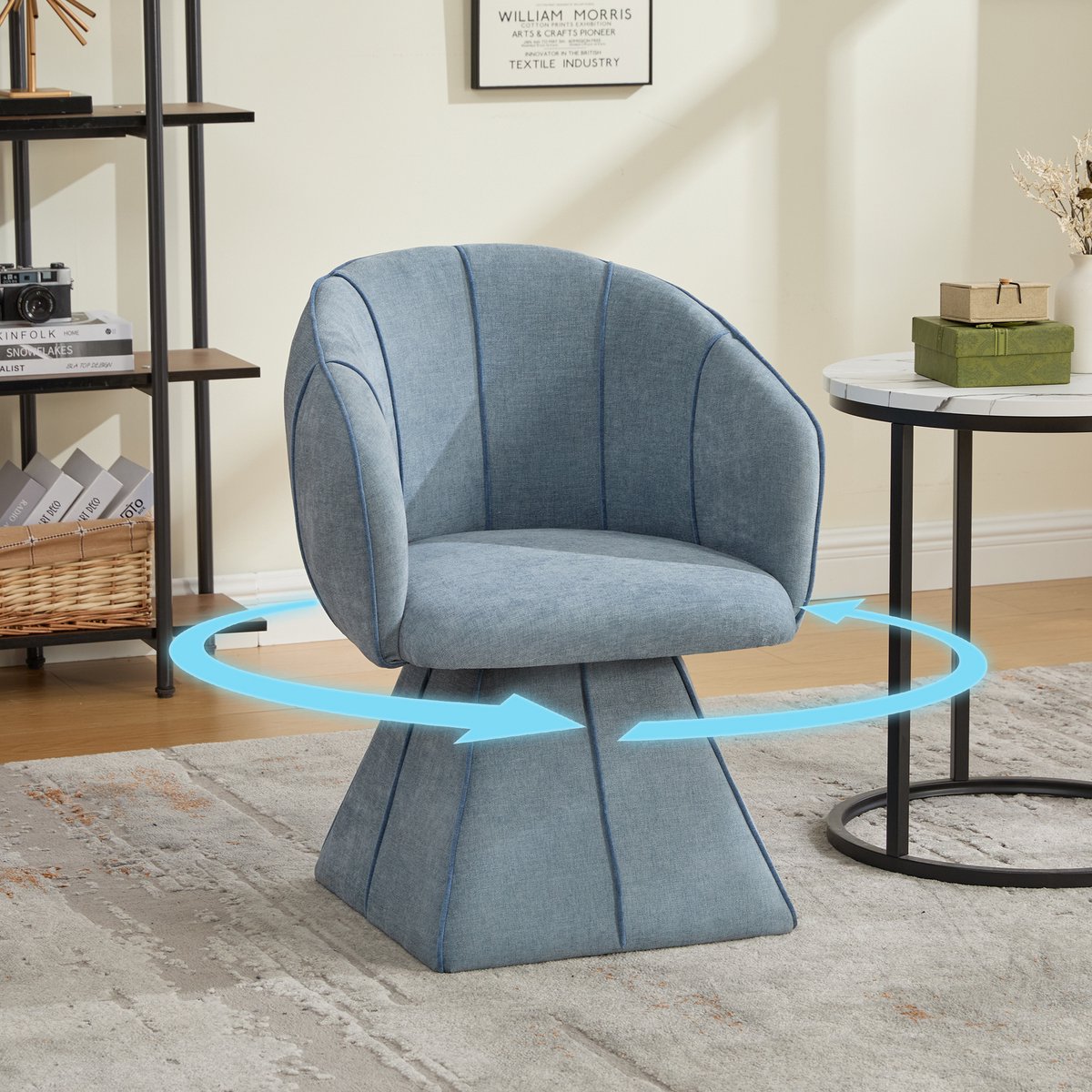 COVREO Draaifauteuil 56x54x74,5 cm - blauw chenille, 360 graden draaibaar met armleuningen