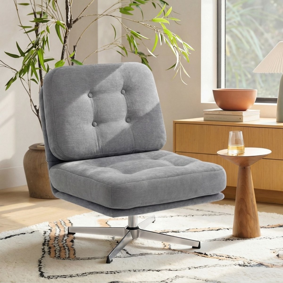 Wishdor Relaxfauteuil - 360° draaibaar - brede zitting - moderne stijl - woonkamer - chenille - lichtgrijs - metalen poten - 70 cm