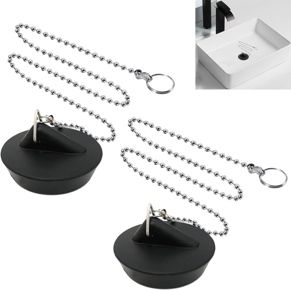 2 Stuks Universele Afvoerstop met Ketting, Vervangende Rubber Stopper voor Badkamer en Keuken met Roestvrijstalen Ketting, Ideaal voor Afvoer en Waterbesparing