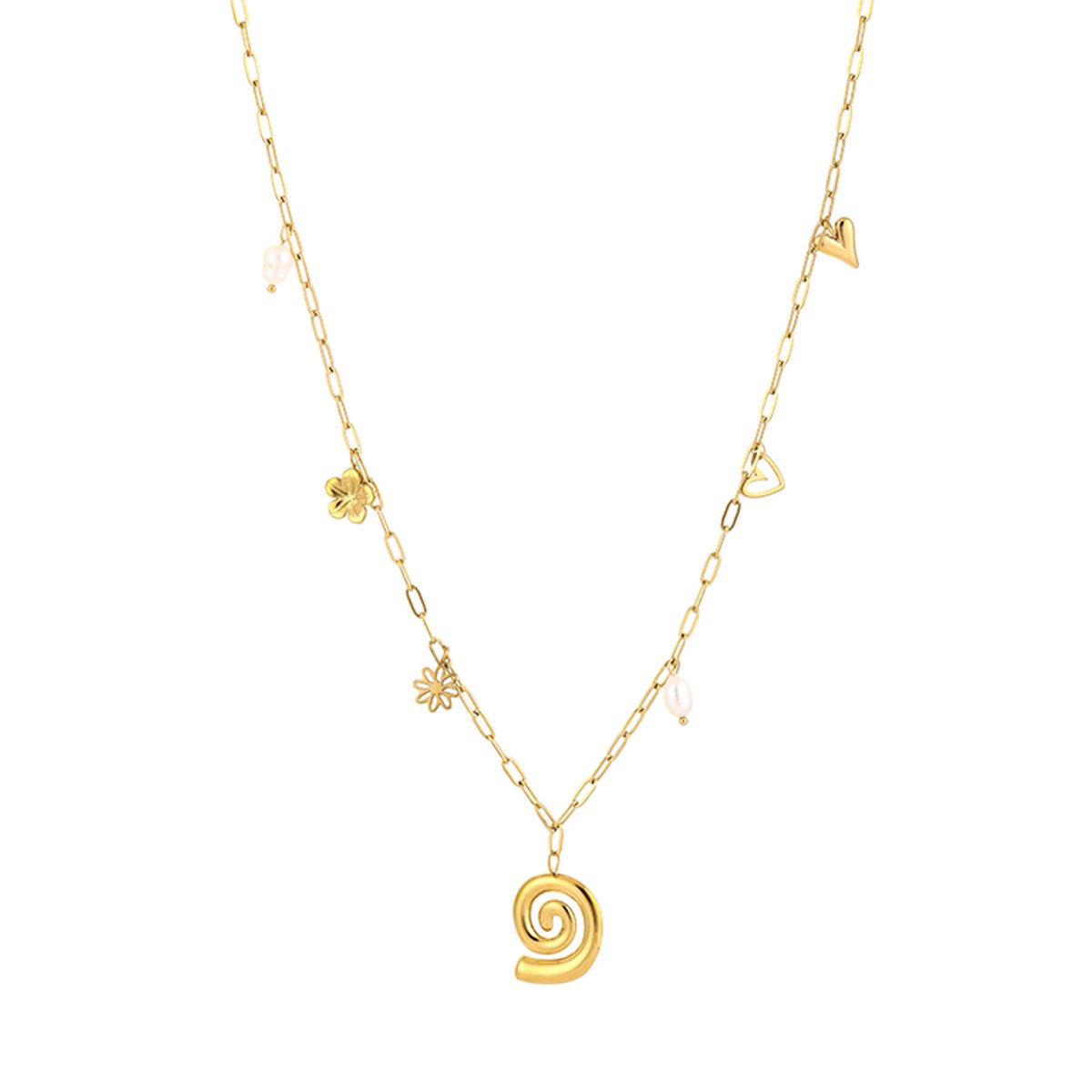 Elegante Roestvrij Stalen Bedelketting - Lange Ketting met Diverse Hangers en Kraaltjes - Stainless Steel Sieraad - Goud