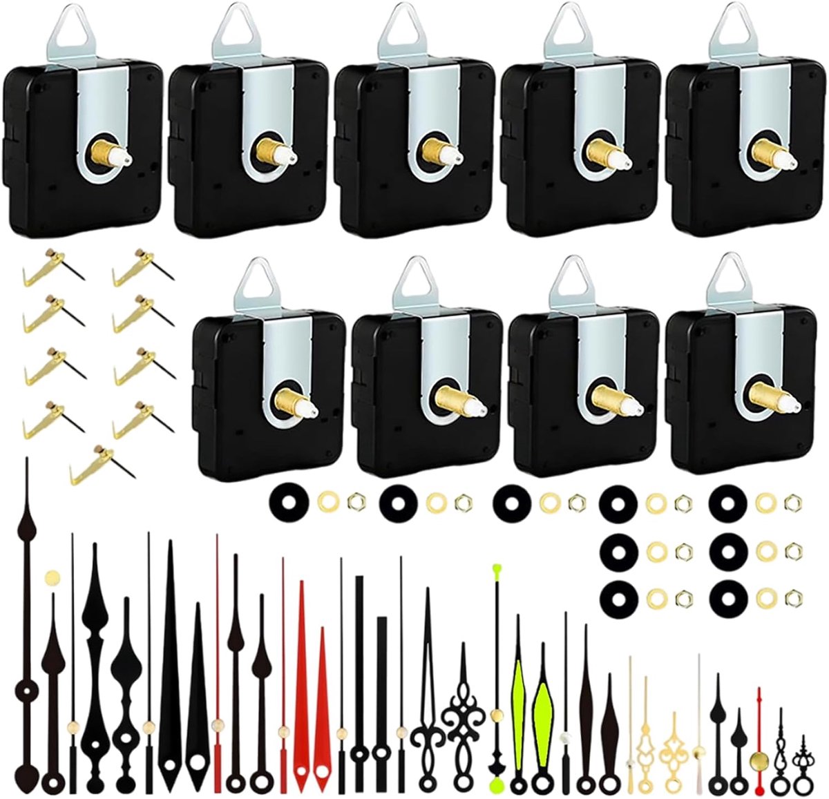SnelShoppen - Mechanisme Wandklok Set - 9 Stuks Klok Mechanismen met 12 Pairs Wijzers - Stille Quartz Klok Beweging voor Vervanging en DIY Projecten i