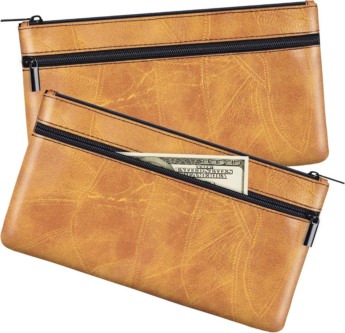 Zipper Geldtas PU Leer Met Textuur 280mm x 155mm - Dubbele Vakjes voor Cash, Paspoort en Cosmetica - Bruine Muntentas voor Effectieve Organisatie