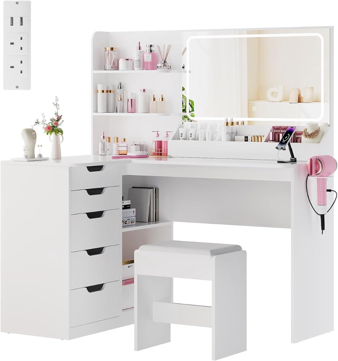 SP® Kaptafel - 5 Lades - Makeup Tafel - Kaptafel met LED Spiegel - Wit - 65cm x 120cm x 136cm