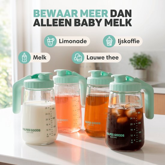 Vulpes Goods® Babycare - Milk Pitcher - Melkkan met Deksel - Moedermelk Bewaarfles Glas - ook Voor Babyvoeding & Formula - Lekvrij - BPA-vrij - 1000 ml - Incl. Schoonmaakborstel van Vulpes Goods® — afbeelding 5