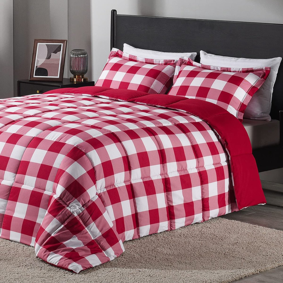 SnelShoppen - Lichtgewicht geruite dekbedset - 3-delige set met 2 kussenslopen - Alternatieve omkeerbare donsdeken - Rood/wit geruit - Perfect voor sl