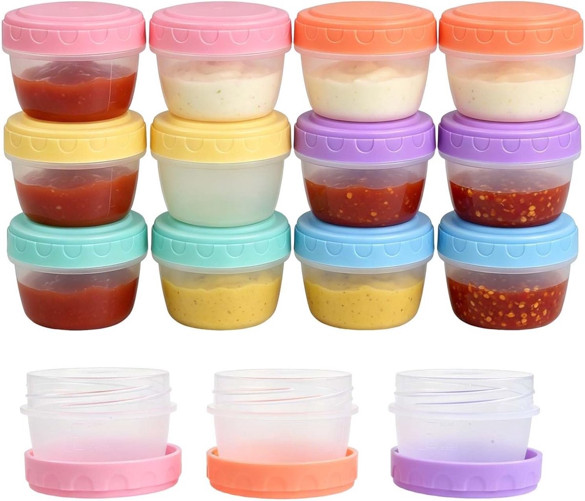 SnelShoppen - Set van 12 Luchtdichte Sauscontainers 80 ml - Kleurrijke Snackboxen met Schroefdeksel - Stapelbaar - Voor Vriezer en Koelkast - Perfect