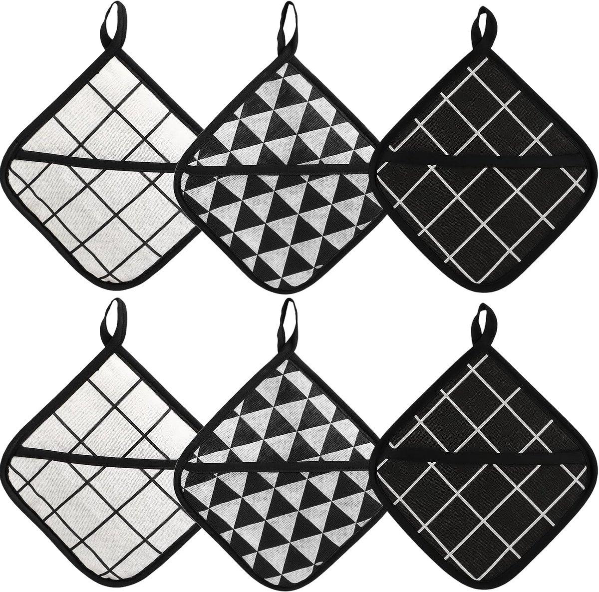 SnelShoppen - 6 Stuks Warmtebestendige Wasbare Grote Vierkante Pothouders Katoen Ovenwant 18x18 cm Zwart/Wit Ruit & Driehoek - Voor Keuken, Feest, Cam