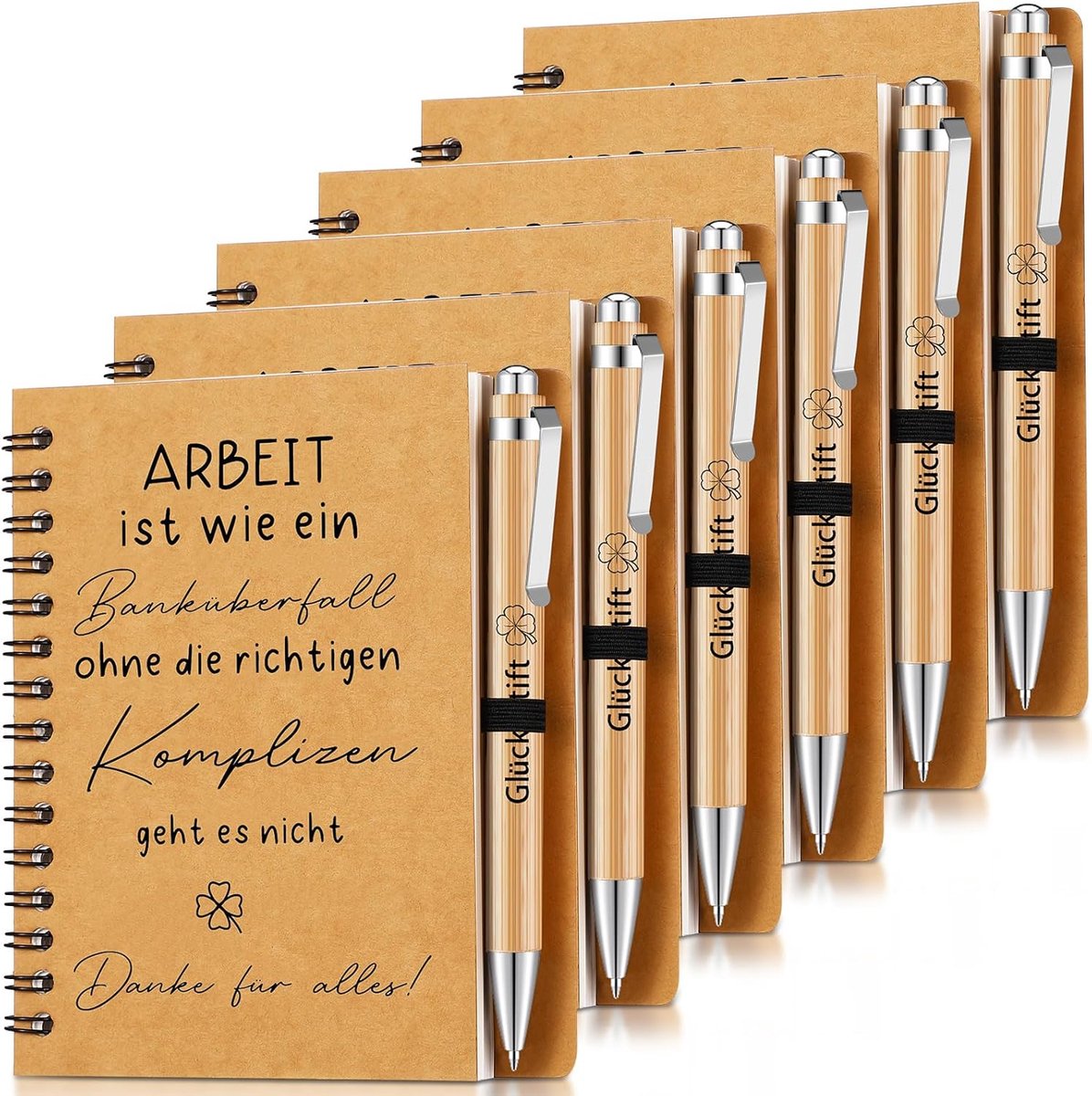 SnelShoppen - Set van 6 Bedank Cadeaus voor Collega's, Docenten, Medewerkers - Inspirerende Spiral Notitieboekjes en Houten Balpen - Perfect voor Kers