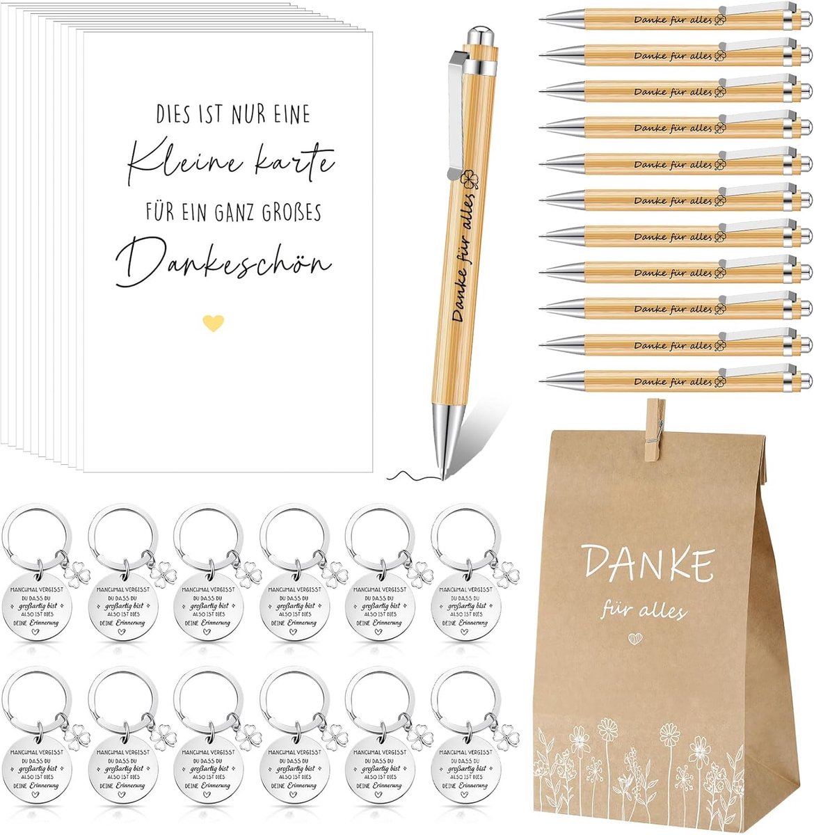 SnelShoppen - 12-delige Bedankje Cadeauset voor Collega's - Kraft Papieren Tassen, Houten Balpennen, Klavertje Vier Sleutelhangers en Wenskaarten - Pe
