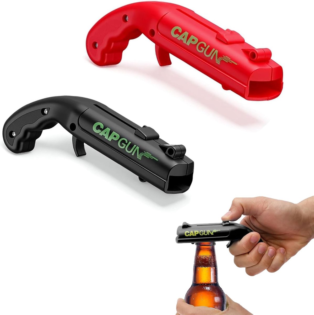SnelShoppen - Bierflesopener Set van 2 (Zwart en Rood), Creatieve Flesopeners, Handmatige Kunststof Openers voor Feestjes, Grappige Cadeaus voor Manne