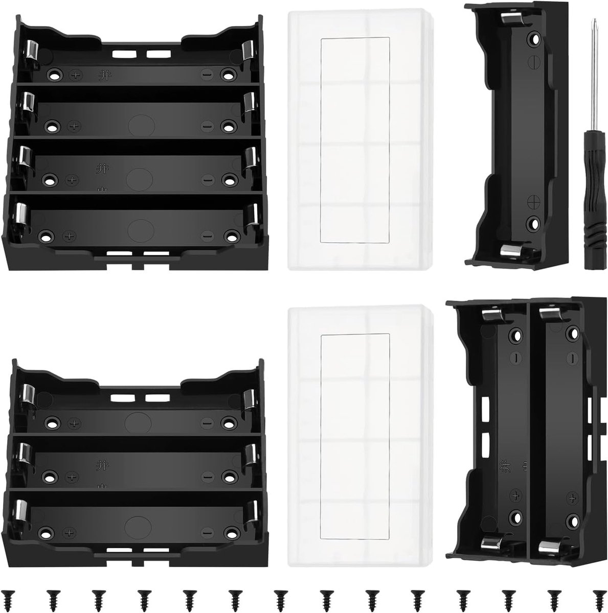 SnelShoppen - 4 Stuks 18650 Batterijhouders Set - 1/2/3/4 Slot Batterijopslag met Pin - Inclusief 2 Plastic Batterijdozen, Schroevendraaier & Schroeve