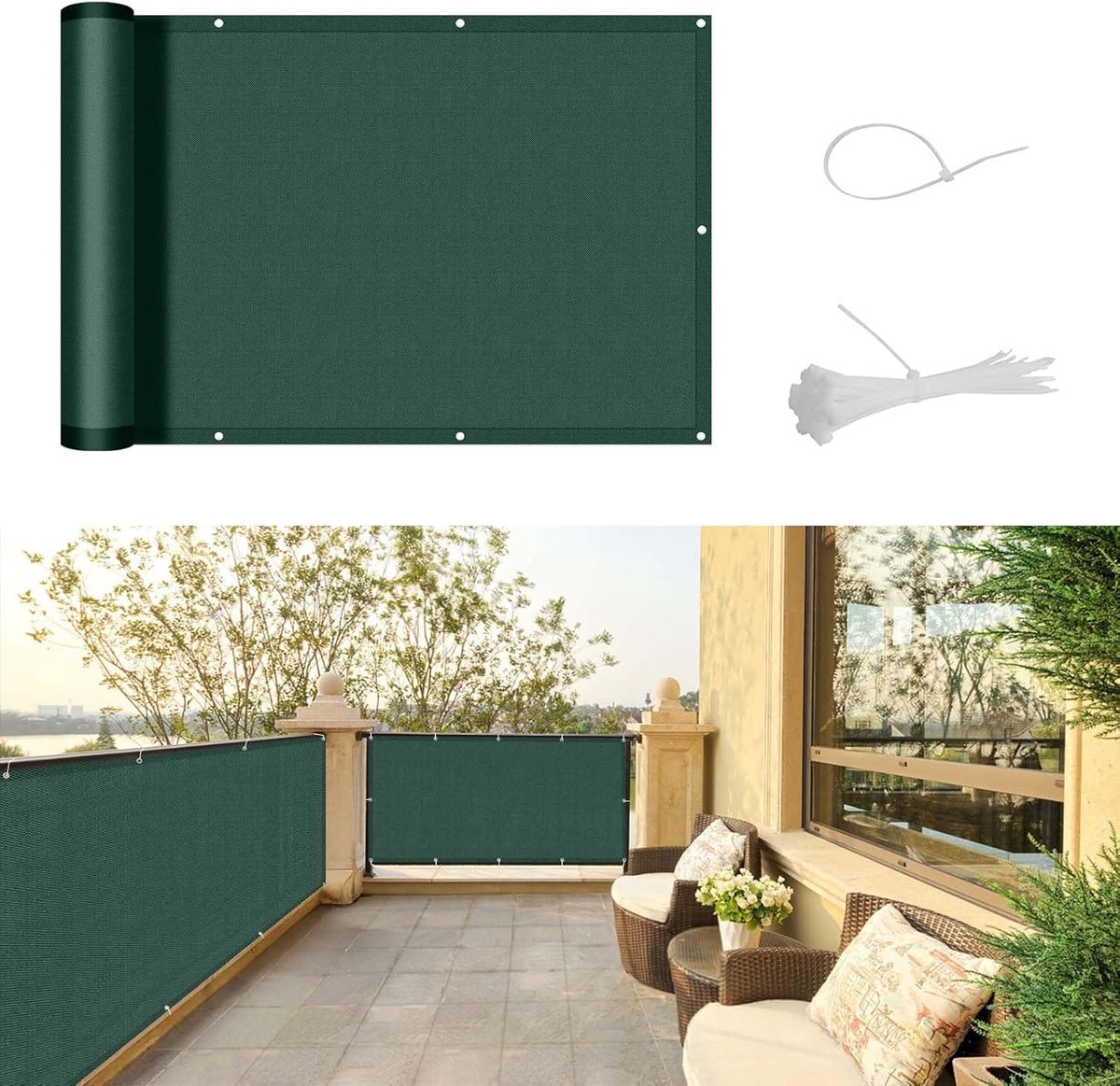 SnelShoppen - Balkon Privacy Screen 90 x 600 cm - Balkonscherm Groen - UV Bescherming, Winddicht, Waterdicht - Inclusief Kabelbinders - Perfect voor T