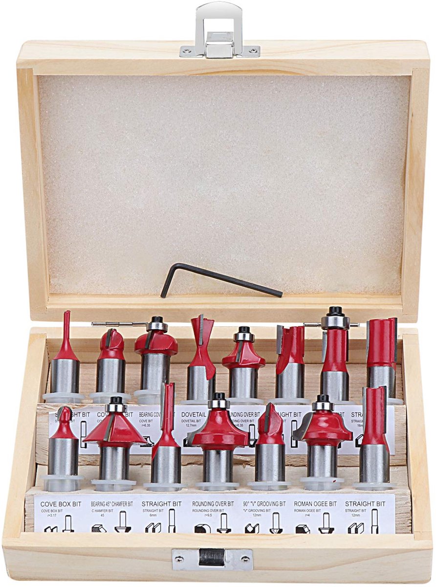 SnelShoppen - 15 delige 12.7mm 1/2 Inch Shank Tungsten Carbide Freesset - TCT Houtbewerking Freesgereedschap voor Deuren, Tafels, Planken, Kasten, DIY