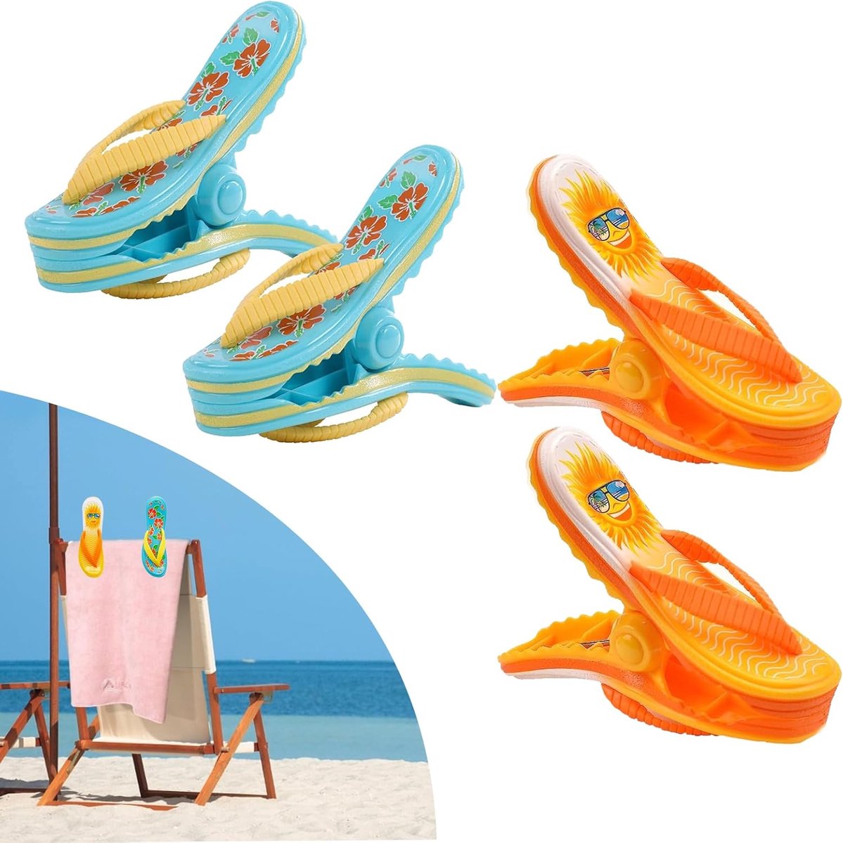SnelShoppen - 4 Stuks Grote Strandhanddoek Klemmen - Winddichte Plastic Clips voor Handdoeken, Kleden en Kleding - Kleurrijke en Leuke Ontwerpen voor