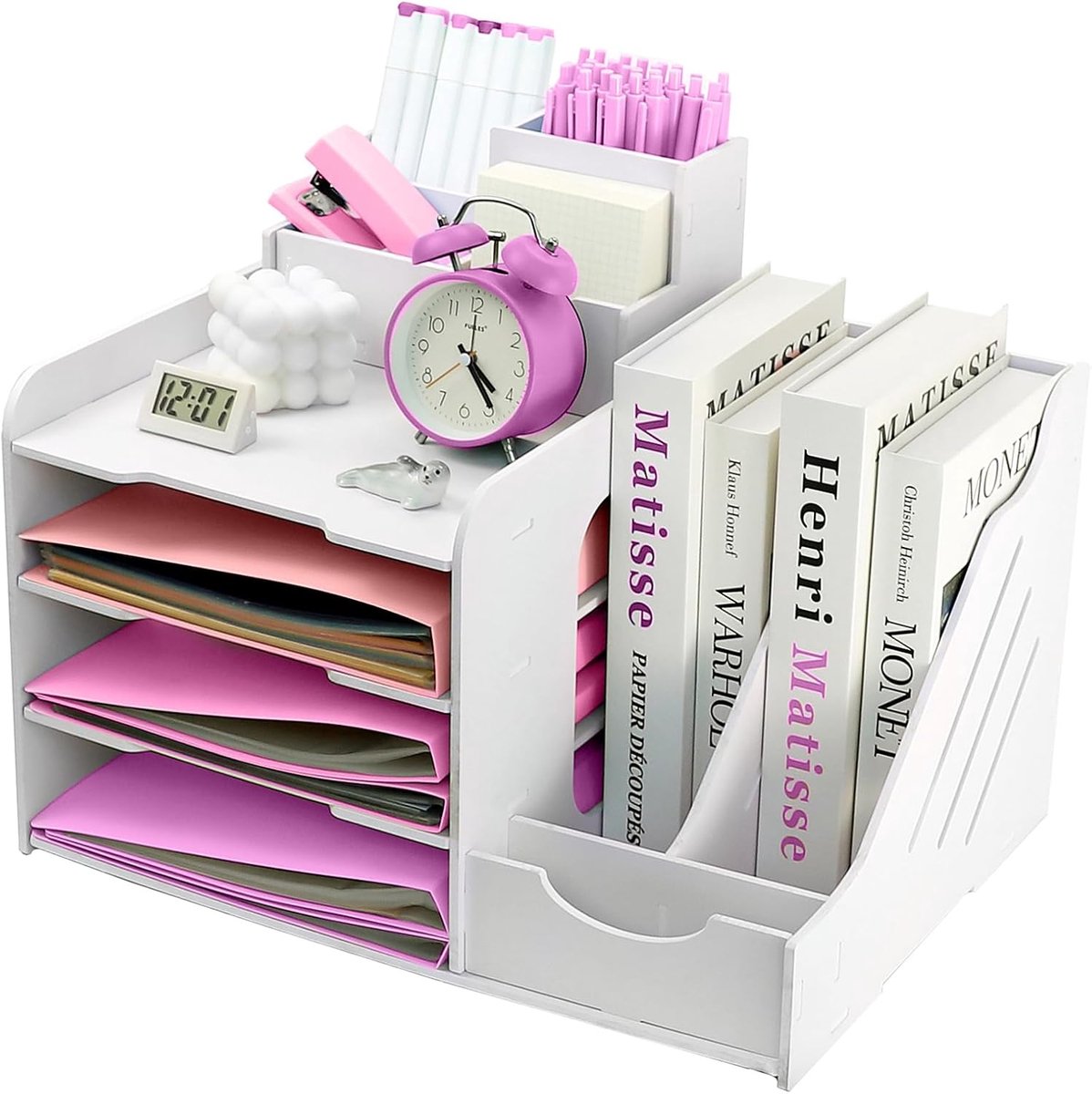 SnelShoppen - 4 Laags Brief Tray Organizer met Bestands Houder, Houten Papier Archief Tray met Pennenhouder, Bureau Organisator voor A4 Documenten en