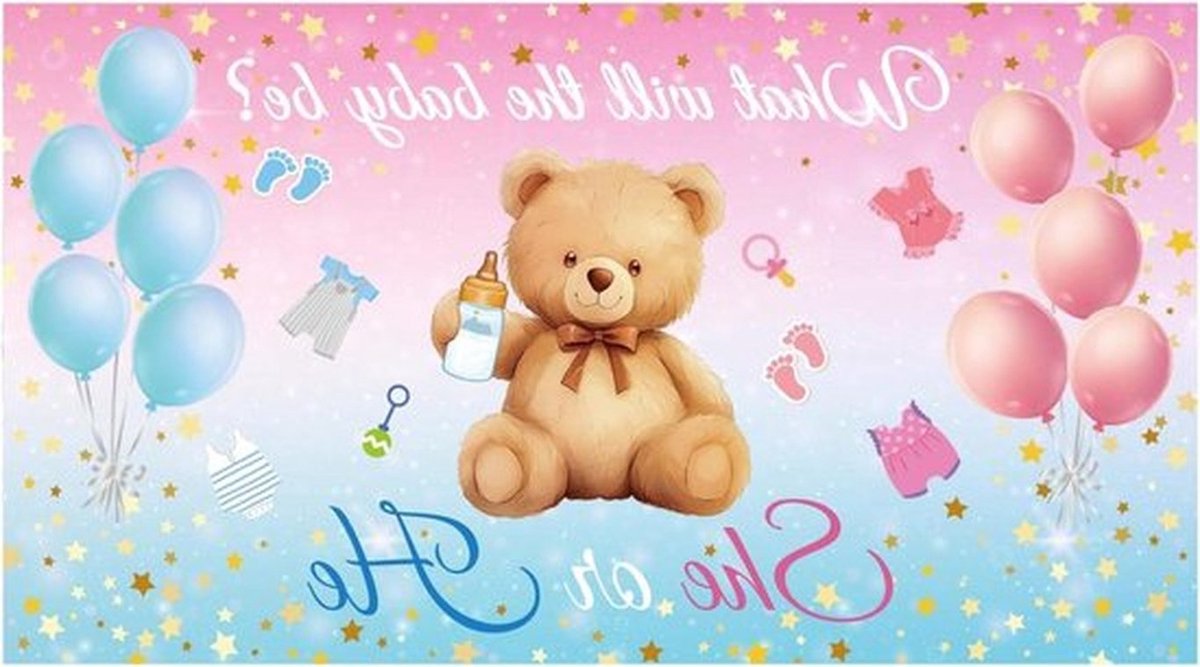 Geslachtsonthullingsachtergrond 180x100 cm Blauw Roze Ballon Beer Thema Feestdecoratie voor Babyshower met Geslachtsonthulling.